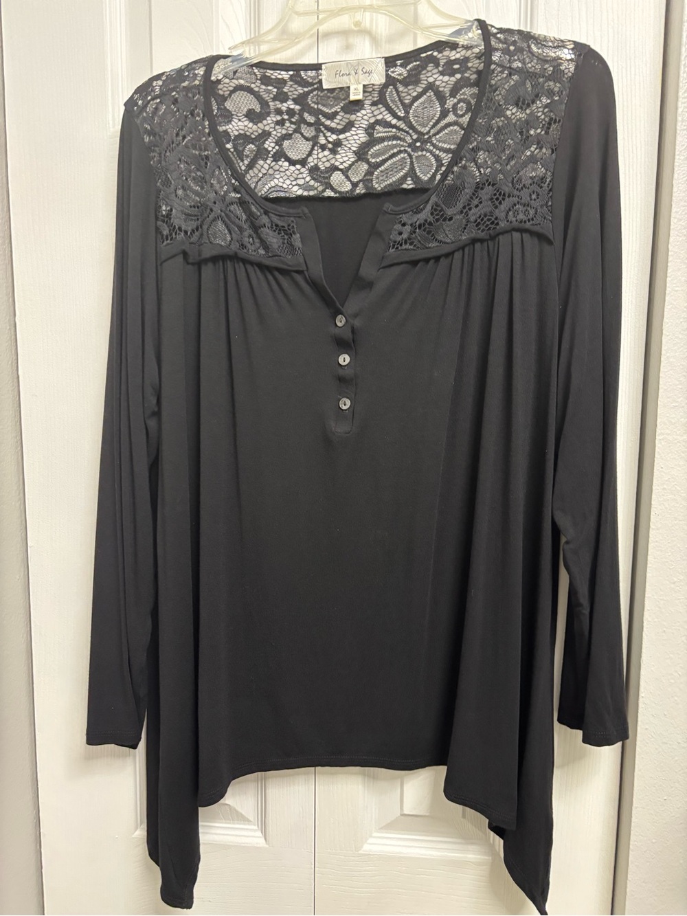 Black Lace Yoke Long-Sleeve Henley Top -